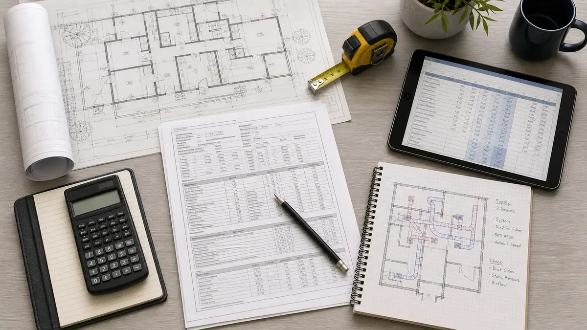 Load-calculation worksheet and blower-door context for a Pasadena home