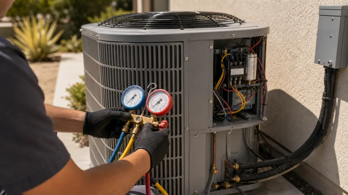 Technician timing the run cycle of a short-cycling Trane AC condenser