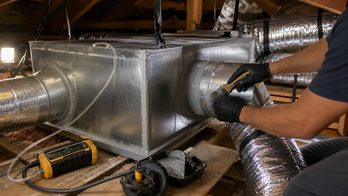 Sealed and tested ductwork in the crawlspace of a Pasadena Craftsman home