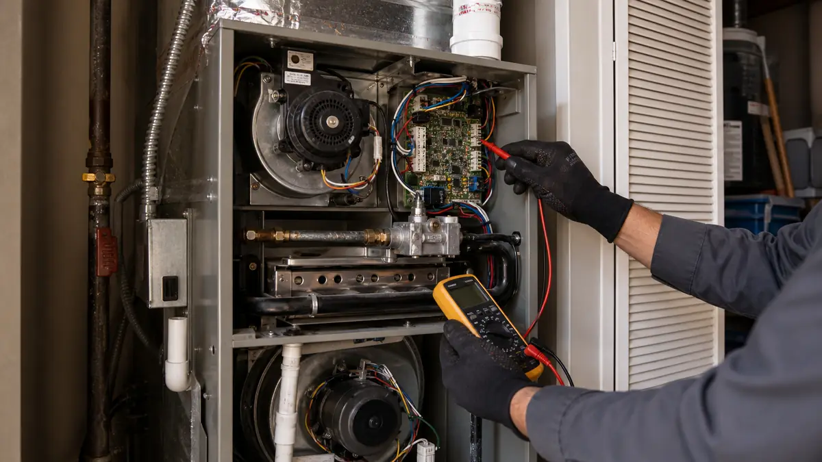 Trane furnace integrated control board showing an LED diagnostic flash code
