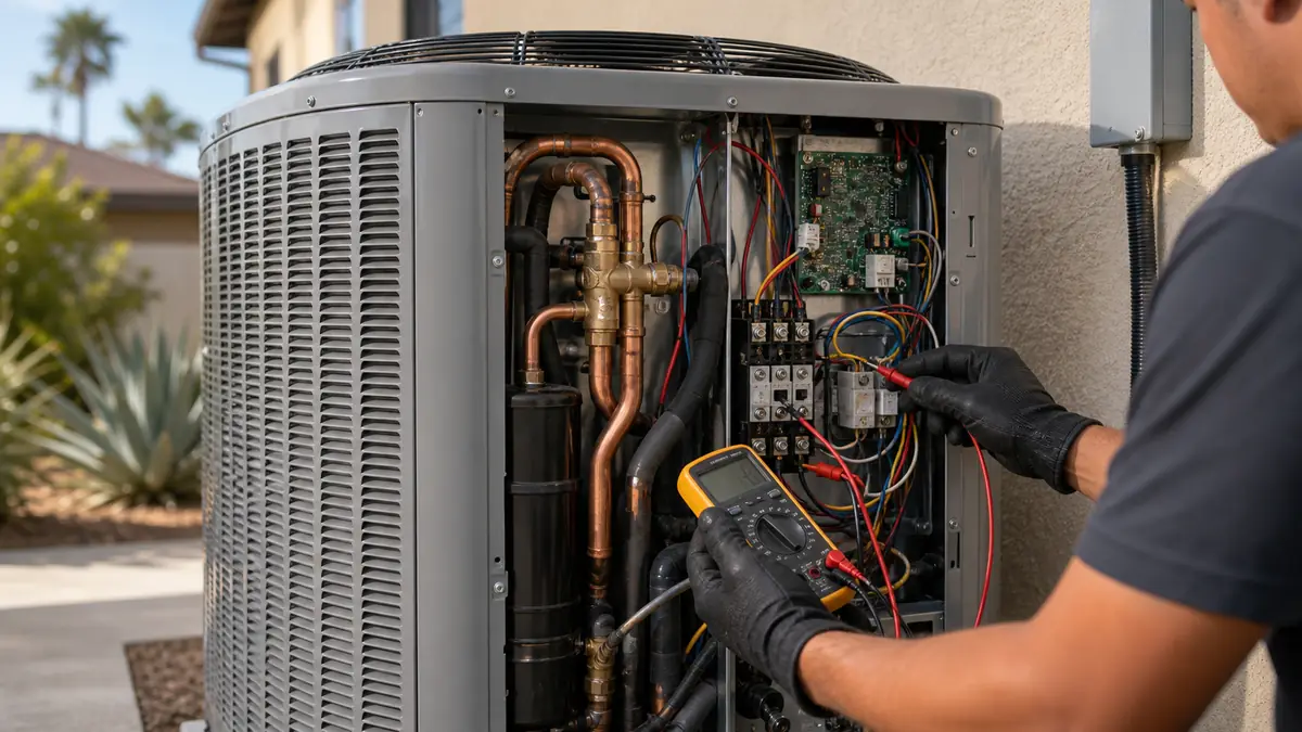 Technician testing a Trane heat pump reversing valve and defrost board